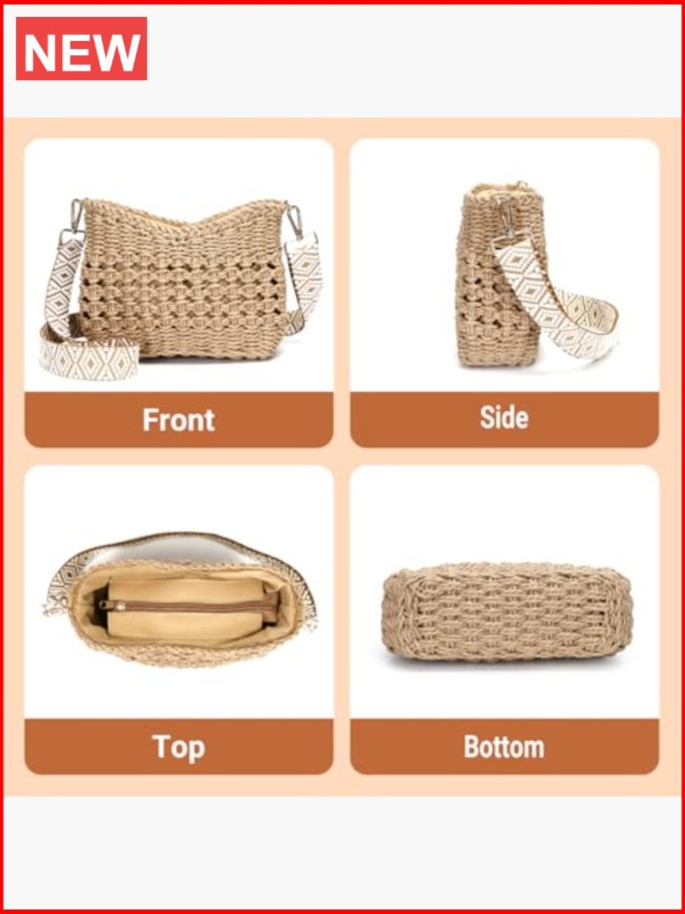 Handwoven Straw Crossbody Bag with Adjustable Guitar Strap, Zip Closure - Picture 5 of 7
